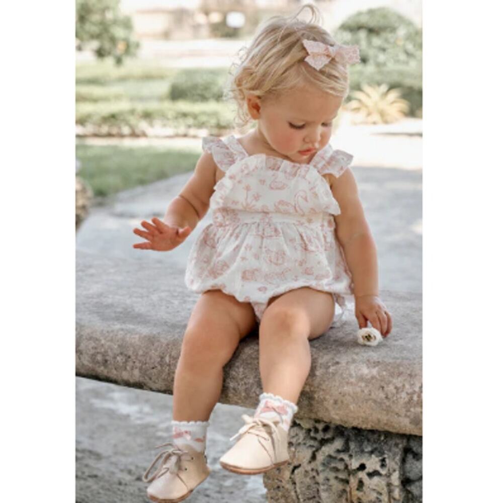 Elegant Baby Pink Rose Swan Toile Swiss Dot Sunsuit Romper Size 3-6 M